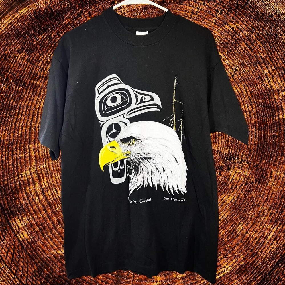 Vintage Bald Eagle Totem Men’s T Shirt Size Large Single Stitch Black Victoria